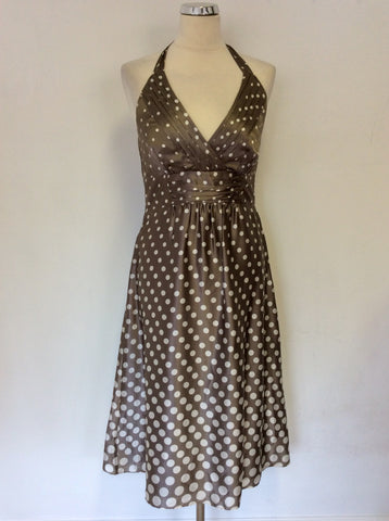 MONSOON MINK & WHITE SPOT SILK HALTERNECK DRESS SIZE 10