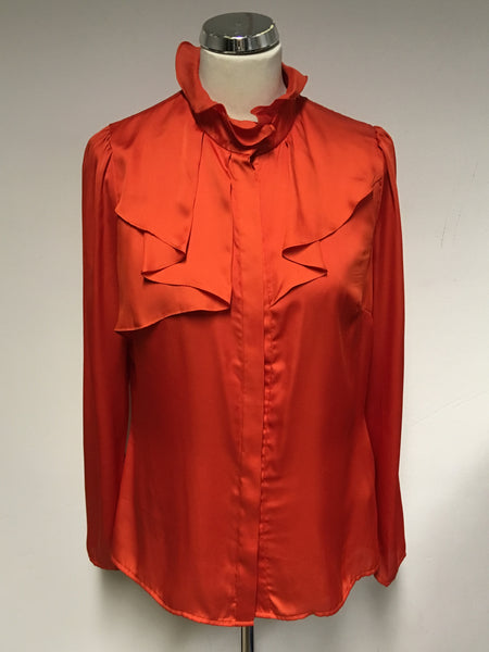 REISS CORAL ORANGE PLEATED FRILL TRIM LONG SLEEVE BLOUSE SIZE 12