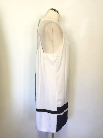 WHISTLES WHITE,NAVY & TURQUOISE SILK COLOUR BLOCK SHIFT DRESS SIZE 14
