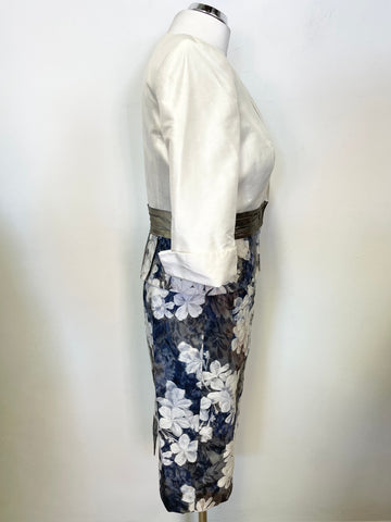 JOHN CHARLES GREY,BLUE & WHITE FLORAL PRINT PENCIL DRESS & MATCHING JACKET SUIT SIZE 10