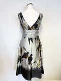TED BAKER SILVER GREY BIRD PRINT SLEEVELESS SILK SPECIAL OCCASION DRESS SIZE 1 UK 8