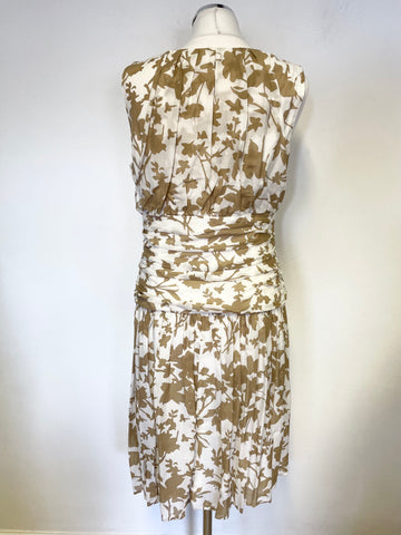 JIGSAW TAUPE & IVORY PRINT SILK & COTTON SLEEVELESS DRESS SIZE 14