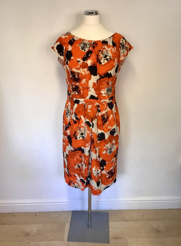 LAURA ASHLEY OCCASION ORANGE,BLACK & IVORY PRINT SILK DRESS SIZE 16