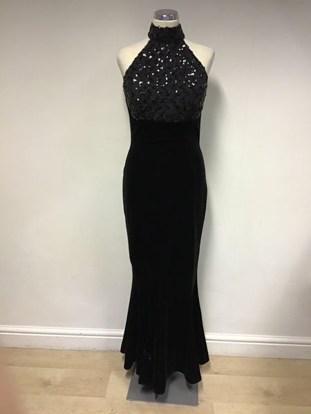 CONSORTIUM BLACK VELVET WITH LACE & SEQUINED TOP LONG EVENING DRESS SIZE 12