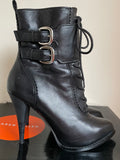 KAREN MILLEN BLACK LEATHER LACE UP & BUCKLE TRIM HEELED SHORT BOOTS SIZE 4/37
