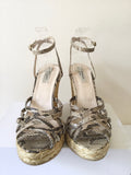 LK BENNETT BROWN & BEIGE SNAKESKIN LEATHER STRAP WEDGE HEEL SANDALS SIZE 7/40