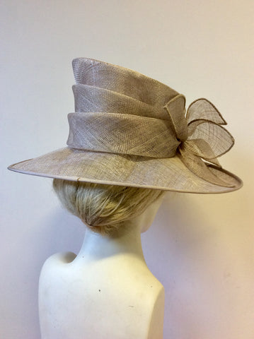 PRESEN OF BARCELONA OYSTER BEIGE BOW TRIM WIDE BRIM HAT