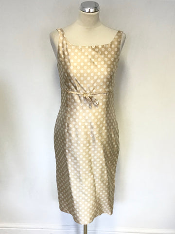 LK BENNETT GOLD & WHITE SPOT SILK BLEND SPECIAL OCCASION PENCIL DRESS & JACKET SIZE 10