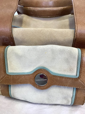 KAREN MILLEN TAN LEATHER & BEIGE,CREAM & TURQUOISE TRIM SUEDE HAND BAG
