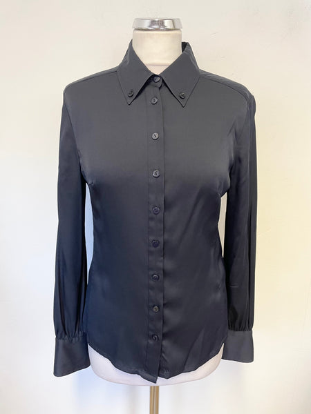 FENN WRIGHT MANSON SILK NAVY BLUE COLLARED BLOUSE SIZE 10