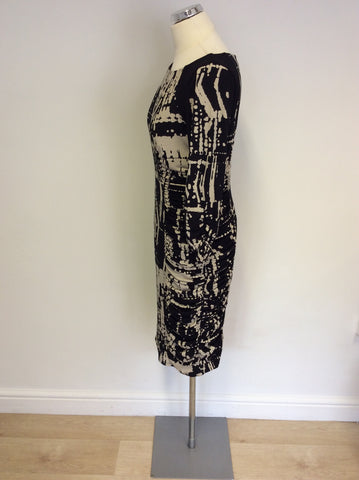 MARKS & SPENCER BLACK & BEIGE PRINT RUCHED PENCIL DRESS SIZE 14
