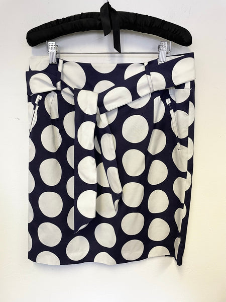 HOBBS NAVY BLUE & WHITE SPOT BELTED COTTON & SILK BLEND SKIRT SIZE 12