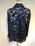 PLANET BLACK,BLUE & GREY PRINT LONG SLEEVE BLOUSE SIZE 14