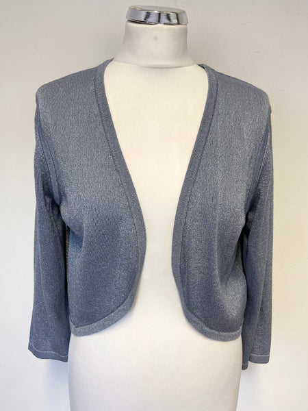 BRAND NEW HOBBS LIGHT BLUE SPARKLY 3/4 SLEEVE SILK BLEND SHORT CARDIGAN SIZE L