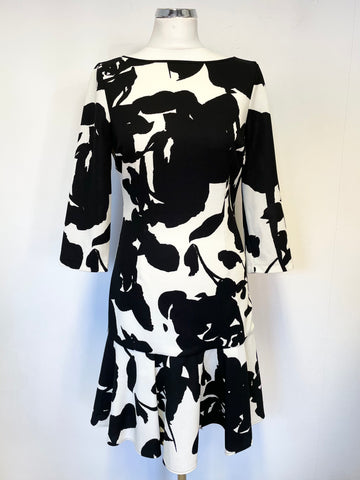 COAST BLACK & WHITE PRINT 3/4 SLEEVE FRILLED HEM PENCIL DRESS SIZE 12