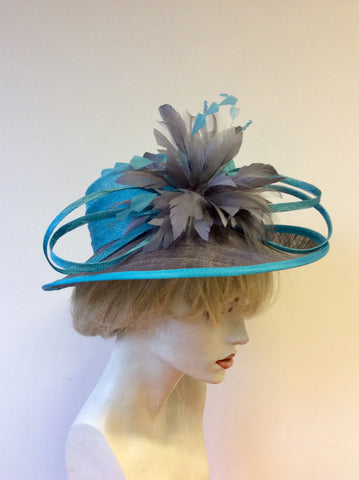 JACQUES VERT TURQOUISE & GREY FEATHER TRIM  FORMAL HAT