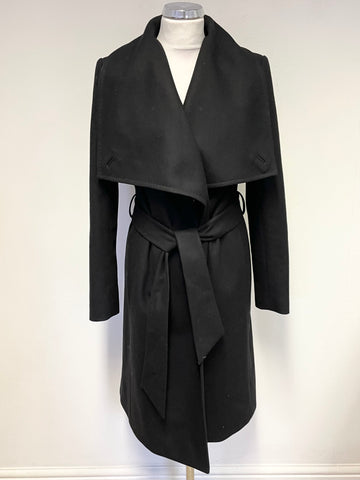 TED BAKER BLACK DANITA WRAP AROSS WOOL & CASHMERE BLEND BELTED KNEE LENGTH COAT SIZE 2 UK 10