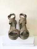 STUART WEITZMAN KHAKI TEXTILE WEAVE & LEATHER WEDGE HEEL SANDALS SIZE 7/40