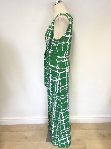 HOBBS GREEN & WHITE PRINT SLEEVELESS STRETCH JERSEY MAXI DRESS SIZE 16