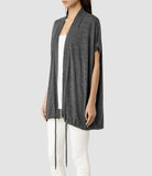 ALL SAINTS CHARCOAL GREY KNIT SHORT SLEEVE DRAWSTRING TIE GILET SIZE L