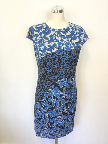 WHISTLES SILK TURQUOISE BLUE,NAVY & WHITE FLORAL PRINT CAP SLEEVE DRESS SIZE 14