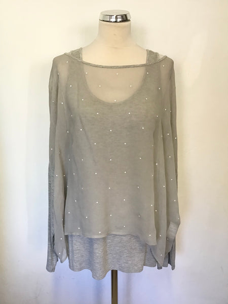MINT VELVET GREY BEADED SEMI SHEER TOP WITH INNER VEST TOP SIZE 14