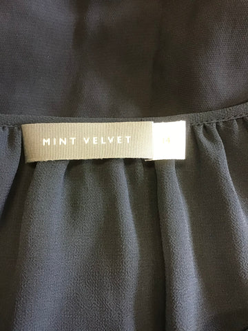 MINT VELVET NAVY BLUE SPOTTED DESIGN SEMI SHEER SLEEVE WITH CROCHET TOP SIZE 14