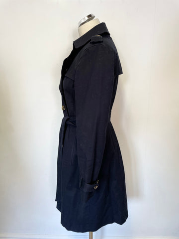 HOBBS NAVY BLUE COTTON DOUBLE BREASTED TIE BELT TRENCH COAT SIZE 12