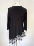 JOSEPH RIBKOFF BLACK & FLORAL LACE TRIM ASYMMETRIC 3/4 SLEEVES TUNIC TOP SIZE 14