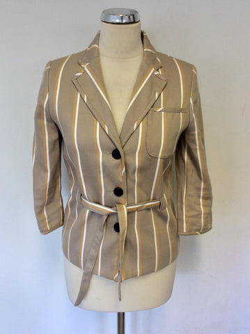 MULBERRY FAWN,MUSTARD & WHITE STRIPE TIE BELT COTTON BLEND JACKET SIZE 10
