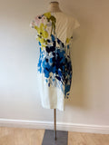 HOBBS INVITATION WHITE,BLUE & LIME PRINT COTTON DRESS SIZE 14