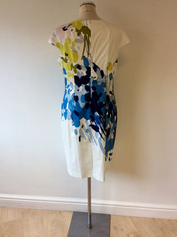 HOBBS INVITATION WHITE,BLUE & LIME PRINT COTTON DRESS SIZE 14