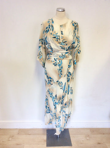 SATSUMA CREAM & TURQUOISE PRINT SLEEVELESS DRESS & MATCHING WRAP AROUND TOP SIZE 12