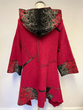 JOE BROWN RED & BLACK EMBROIDERED WOOL BLEND HOODED KNEE LENGTH COAT SIZE 10