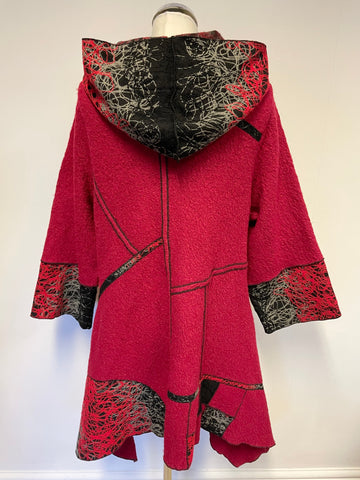 JOE BROWN RED & BLACK EMBROIDERED WOOL BLEND HOODED KNEE LENGTH COAT SIZE 10