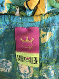 SAVE THE QUEEN MULTI COLOURED PRINT CAP SLEEVE TIE FRONT TOP SIZE L