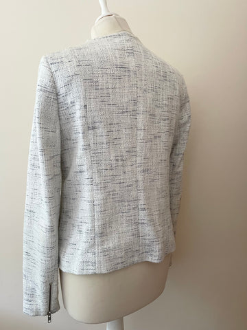 JOHN LEWIS CAPSULE COLLECTION IVORY & NAVY BLUE FLECK COLLARLESS ZIP UP JACKET SIZE 12