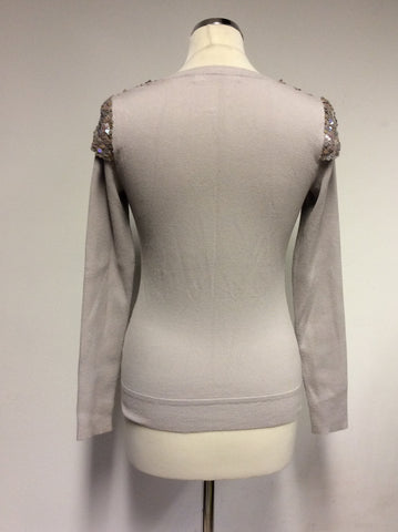 KAREN MILLEN OYSTER BEIGE SEQUINED FRONT SCOOP NECK JUMPER SIZE 2 UK 10