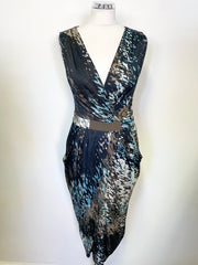 BRAND NEW PENNY BLACK MULTI COLOURED PRINT STRETCH JERSEY SLEEVELESS WRAP DRESS SIZE M
