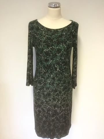 JIGSAW GREEN,BLACK & GREY PRINT STRETCH JERSEY 3/4 SLEEVE DRESS SIZE S