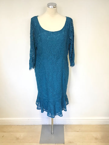 JACQUES VERT TURQOUISE LACE 3/4/SLEEVE SPECIAL OCCASION DRESS SIZE 18