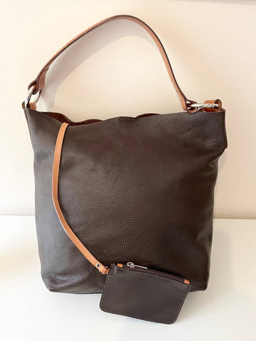 HOBBS DARK BROWN & TAN LEATHER SHOULDER BAG WITH DETACHABLE COIN PURSE