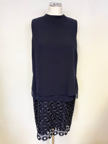 HOBBS NAVY BLUE LAYERED BODICE & LACE SKIRT SLEEVELESS SHIFT DRESS SIZE 12