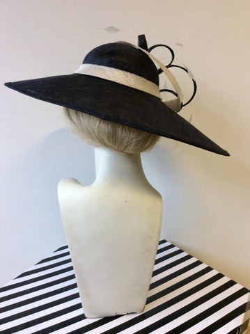 BRAND NEW MADDOX NAVY BLUE & NATURAL TRIM WIDE BRIM FORMAL HAT