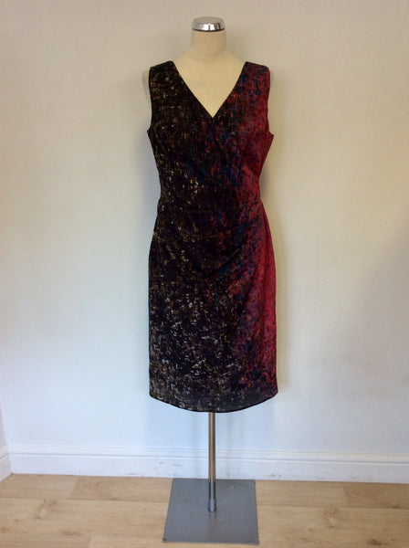 GINA BACCONI MULTI COLOURED PRINT SLEEVELESS DRESS SIZE 16