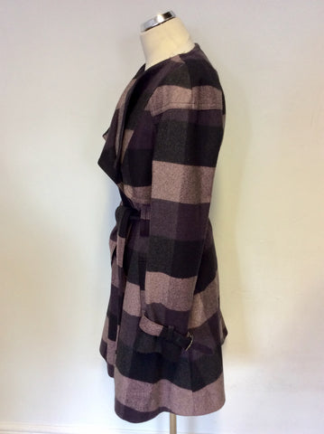 TED BAKER PURPLE,BLACK & DARK GREY CHECK WOOL BLEND TIE WAIST COAT SIZE 2 UK 10