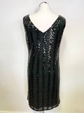 M&CO BLACK SEQUINNED GREEN LINED SLEEVELESS SHIFT DRESS SIZE 14
