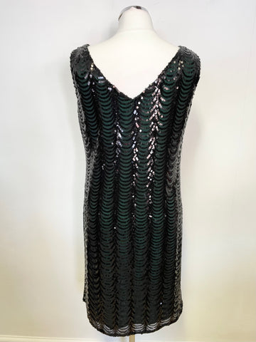 M&CO BLACK SEQUINNED GREEN LINED SLEEVELESS SHIFT DRESS SIZE 14