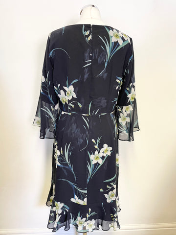 HOBBS NAVY BLUE FLORAL PRINT 3/4 SLEEVE FRILL TRIM SPECIAL OCCASION DRESS SIZE 12