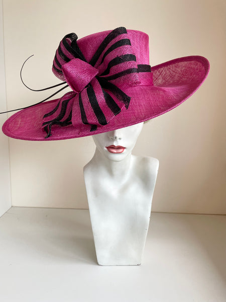 GET AHEAD HATS FUCHSIA PINK & BLACK BOW TRIM SHAPED WIDE BRIM FORMAL HAT